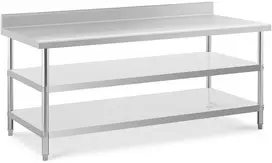 Nerūdijančio plieno darbo stalas su atbraila 2 lentynos 200 x 90 cm