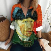 Women's Trendy Shirt Van Gogh Oil Painting Printed T-shirt Loose Button Top Clothing Street Fashion Lapel Jacket Women's Shirt S