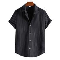 Men Vertical Pinstripe Turn Down Collar Short Sleeve Casual Button Up Shirt S juoda