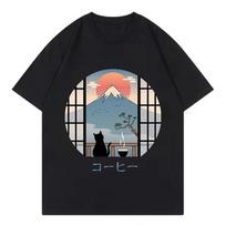 Japanese Coffee Cat TShirt Women Mt Fuji Landscape Graphic Tee Summer Loose Short Sleeve Harajuku Aesthetic Streetwear Tops S