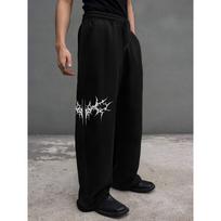 Men's Black Wide Leg Sweatpants with White Abstract Tribal Prints, Drawstring Waist, Loose Fit, Streetwear Style, Casual Comfort S