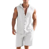 Men Shirt Shorts Two-piece Suit Hooded Sleeveless Shirt Adjustable Elastic Shorts Set Hiking Workout Summer Casual Outfit S balta