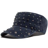 Kniedės Plokščias Kepurės Viršus Moteriška Mada Punk Rokas Hip Hop Beisbolo Kepuraitė Y2K Vyriška Vintažinė Karinė Kepurė Retro Skydelis Trucker Kepurės Reguliuojama Adjustable tamsiai mėlyna