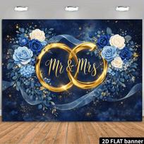 2D Mr & Mrs Wedding Backdrop Blue & White Rose Gold Ring Background Cloth 47.2x31.5inch/120*80cm