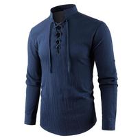 Men's Vintage V-neck T-shirt Cotton Linen Pirate Medieval Viking Gothic Tops Shirts Long Sleeved Cospaly Halloween Party Top S tamsiai mėlyna