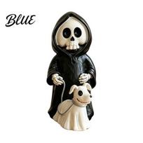 Wear-resistant Resin Sculpture Grim Reaper & Ghostly Puppy Figurine Black Robed Skeleton with Cute Detailed Bone Line Carving Ghost Dog Halloween