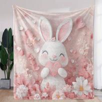 VIKAMA Ultra-Soft Flannel Rabbit Heart-Patterned Blanket Pink Floral Cute Cartoon Design Sofa Relaxation Nap Warmth Size: 75*100cm, Weight: 230 GSM