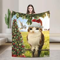 Cat Owl Funny Brainrot Christmas Blanket Soft Funny Plush Throw Blanket For Child Couch Chair Flannel Bedspread Bed Cover Size: 75*100cm, Weight: 230 GSM