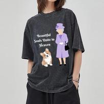 Corgi animacinio personažo spaudinio moteriški marškinėliai, skalbta medvilnė, oversized, poros, trumparankovės, pagrindinis viršus S įvairiaspalvis