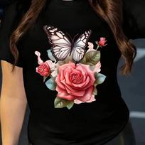 Butterfly Rose Print Women's T-Shirt Casual Round Neck Short Sleeve Tee for Summer Women Daily Casual Tops Clothing XS juoda
