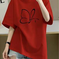 Lady Tops Butterfly Print Sleeve T-Shirt Black White Red Light Gray Dark Gray Casual  Harajuku Sleeve Casual Aesthetic XS raudona