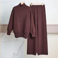Solid Color Loose Turtleneck Knit Sweater Wide Leg Pants Suit S ruda