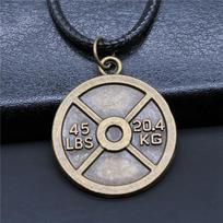 Unisex Retro Vintage Fitness Barbell Weightlifting Weight Film Pendant Faux Black Leather Rope Chain Necklace
