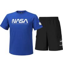 Nasa Unisex Cotton Blend Training T-Shirt + Woven Knee-Length Shorts Set [Blue + Black] 95