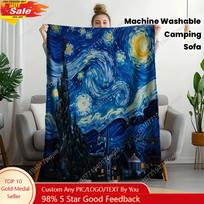 Van Gogh Starry Night Blanket - Soft Lightweight Flannel All-Season Throw for Couch, Bed Travel Camping - Machine Washable Va Size: 75*100cm, Weight: 230 GSM gray