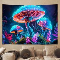 Neon Glow Mushroom Tapestry Polyester Wall Hanging Trippy Psychedelic Tapestry for Bedroom Room Decoration 100X70CM