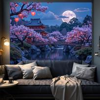 Mėnulio žydėjimo šventyklos gobelenas - Ramus japoniškas sodo sienų dekoras su pilnu mėnuliu ir vyšnių žiedais namams 100X70CM