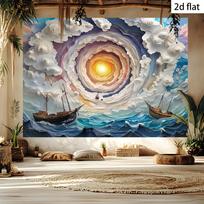 Celestial Voyage Tapestry-A radiant golden portal floating on the stormy sea Mysterious 2D Flat Wall Art Deco 100X70CM