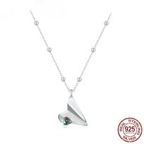 S925 Sterling Silver Heart Origami Paper Airplane Necklace, White Gold Plated Simple Triangle Paper Airplane Necklace
