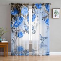 Roses And Butterfly Floral Flower Blue Tulle Sheer Curtains for Living Room Bedroom Kitchen Decoration Voile Organza Curtains 135W x 114H(cm) gray