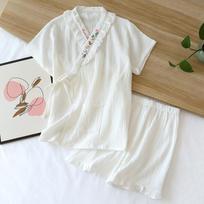 Summer New Japanese Kimono Suit Ladies Pajamas Short-sleeved Shorts Two-piece Set 100% Cotton Crepe Sweet Lace Home Wear Women M balta