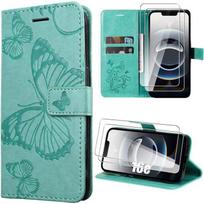 Protective Case - BOOLING - for iPhone 16e - Green Synthetic Leather Butterfly Pattern - 2 Tempered Glasses žalia
