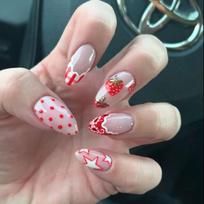24PCS Almond Shape False Nails Red Smudged Lips Strawberry Valentines Day Premium Press on Nails French Style Removable Manicure