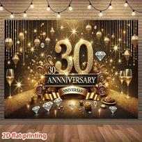 2D Elegant 30th Anniversary Backdrop, Gold & Black Diamond Celebration Banner 47.2x31.5inch/120*80cm