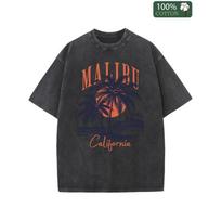 Men's Washed T-shirt , Retro Malibu California Pattern Print, Street Style Design, Regular Version Crew Neck, for All Seasons, Machine Washable S juoda
