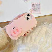 Juokingas 3D rožinis paršelis stovas laikiklis dėklas iPhone 12 13 14 15 ProMax 16 Pro Max Plus, mielas 3D animacinis stovas dėklas For iPhone 16 Pro Max rožinė