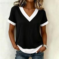Women's Casual Color Block V Neck Short Sleeve T Shirt Top Lightweight Soft Fabric Relaxed Fit Layered Hem Design L balta