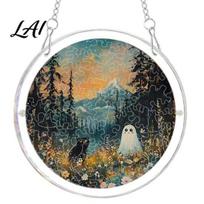 Lightweight Halloween Window Ornament Acrylic Suncatcher Jigsaw Puzzle Set Spooky Ghost Floral Meadow Hanging with Metal Durable Frame & Chain, H