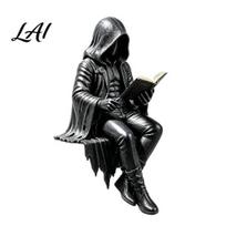 Gothic Decor Dark Fantasy Figure Reading Hooded Grim Reaper Statue Suspended Shelf Ornament Halloween Resin Sitting Skeleton Figurine for Bookshelf A