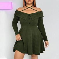 Plus Size Women Halter Off Shoulder High Waist Solid Color A Line Mini Dress 1XL žalia
