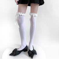 Seksualios Saldžios Minkštos Ilgos Iki Šlaunų Kojinės JK Lolita Stiliaus Mergaitei Ilgos Kojinės Kojinės Japoniško Stiliaus Nėriniai Kaspinėlis Iki Kelio Kojinės One Size balta