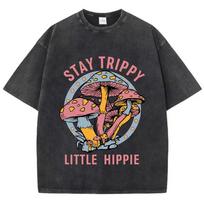Vasariniai moteriški medvilniniai skalbti marškinėliai Stay Trippy Little Hippie su grybų spauda, gatvės stiliaus laisvi marškinėliai apvalia iškirpte, vintažiniai moteriški drabužiai S įvairiaspalvis