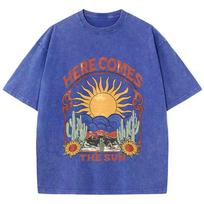 Vintažiniai moteriški rūgštinio plovimo marškinėliai Su spaudiniu „Here Comes The Sun“ Medvilniniai didelio dydžio marškinėliai apvalia iškirpte trumpomis rankovėmis S įvairiaspalvis