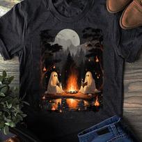 Ghost Book Reading T-Shirt: Funny Halloween Camping Shirt 3XL