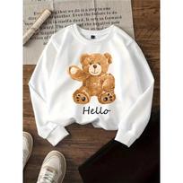 European sizes Kids' Round-Neck Hoodie - Teddy Bear Wave Hello Pattern Print | Sportswear and Casual Wear, Soft and Comfortable 110 balta