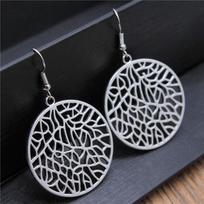 Bohemia Vintage Carve Mandala Flower Antique Silver Color Drop Dangle Earring For Women Girl Antique Hollow Jewelry