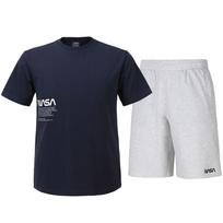 Nasa Unisex Cotton Blend Training T-Shirt + Knee-Length Cotton Shorts Set [Navy + Melange White] 105