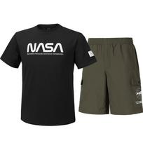 Nasa Unisex Cotton Blend Training T-Shirt + Woven Knee-Length Shorts Set [Black + Dark Khaki] 100