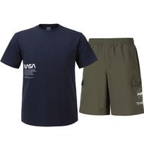 Nasa Unisex Cotton Blend Training T-Shirt + Woven Knee-Length Shorts Set [Navy + Dark Khaki] 100