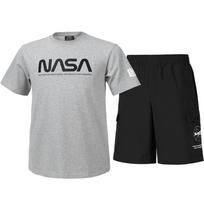 Nasa Unisex Training Cotton Blend Short Sleeve T-Shirt + Woven Knee-Length Shorts Set [Light Melange + Black] 95