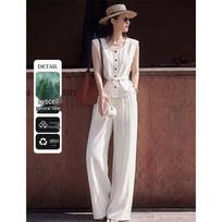 French Elegant Two-Piece Top & Wide-Leg Pants Set XL pilkšvai balta