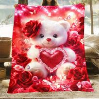 3D White teddy bear holding red heart roses butterflies romantic love gift blanket soft cozy bedroom decor Valentine Size: 75*100cm, Weight: 230 GSM
