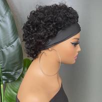 Top Grade Unprocessed Cuticle Aligned Raw Virgin Remy Hair Short Curly Machine Made Headband Wig (Black,curl&6 INCHES&None Lace) juoda