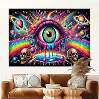 Psychedelic Eye Tapestry, Trippy Rainbow Skulls and Planets Wall Hanging, Surreal Space Art for Bedroom Decor 100X70CM