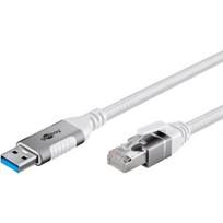 goobay Ethernet cable USB-A 3.2 Gen1 plug > RJ-45 plug, LAN adapter (white, 3 meters, braided textile sheath)