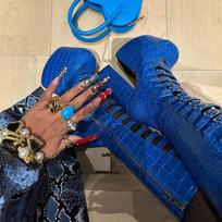 Fashion 2025 New Hollow Knee-High Boots Crocodile Pattern Sexy Boots Platform Zipper Square Heel Buckle Strap Women Pole Dance Shoes 34